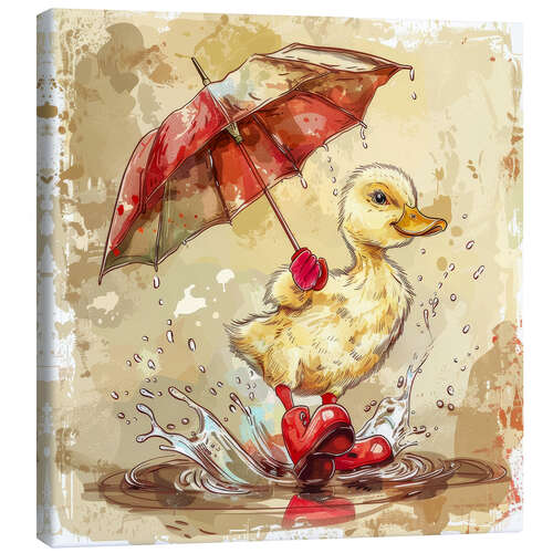 Canvas-taulu Duckling with red umbrella in the rain