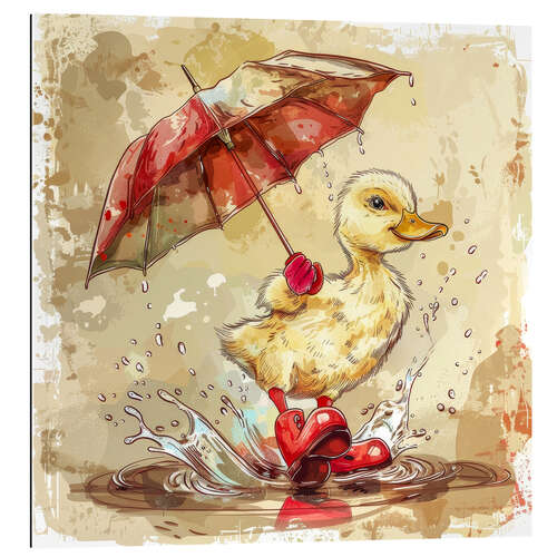 Galleritryk Duckling with red umbrella in the rain