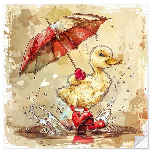 Vinilo para la pared Duckling with red umbrella in the rain