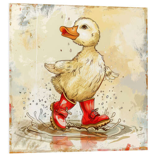 Quadro em PVC Ducklings with red boots in the rain