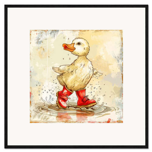 Framed art print Ducklings with red boots in the rain