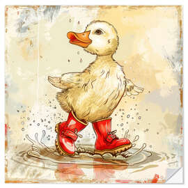 Vinilo para la pared Ducklings with red boots in the rain