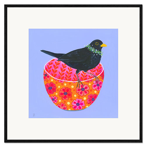 Ingelijste kunstdruk Blackbird and Decorative Bowl