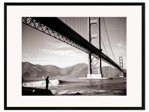 Framed art print 1940s man fishing underneath Golden Gate Bridge, San Francisco