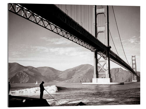 Tableau en plexi-alu 1940s man fishing underneath Golden Gate Bridge, San Francisco