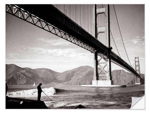 Sticker mural 1940s man fishing underneath Golden Gate Bridge, San Francisco