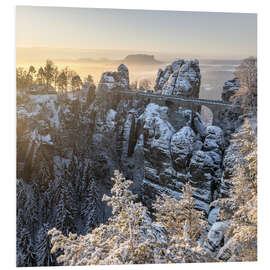 Foam board print Bastei Bridge on a winter morning, Saxon Switzerland