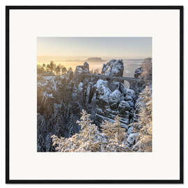 Framed art print Bastei Bridge on a winter morning, Saxon Switzerland
