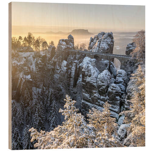 Wood print Bastei Bridge on a winter morning, Saxon Switzerland