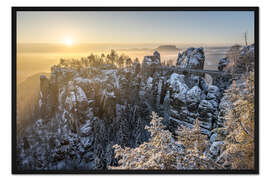 Gerahmter Kunstdruck Sonnenaufgang an der Bastei, Sächsische Schweiz