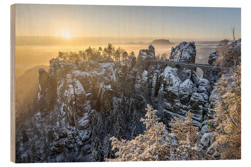 Wood print Sunrise at the Bastei, Saxon Switzerland