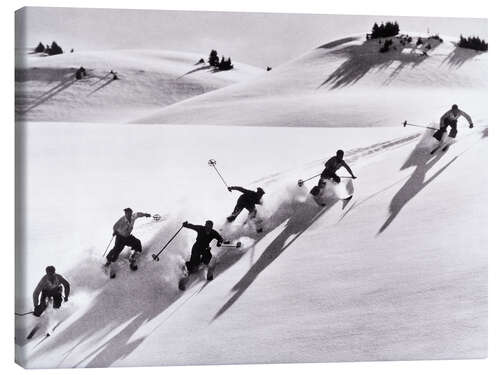 Quadro em tela Skiers skiing downhill in Swiss Alps, 1940's