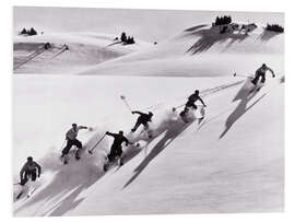 Tableau en PVC Skiers skiing downhill in Swiss Alps, 1940's