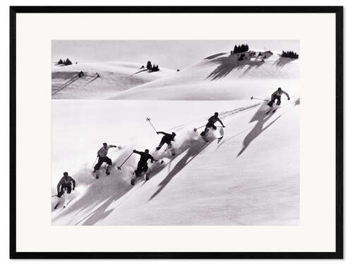 Kehystetty taidepainatus Skiers skiing downhill in Swiss Alps, 1940's