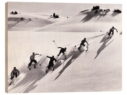 Trebilde Skiers skiing downhill in Swiss Alps, 1940's