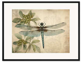 Gerahmter Kunstdruck Libelle auf grünem Blumenmuster