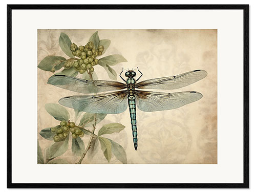 Kehystetty taidepainatus Dragonfly on green floral pattern