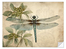 Wall sticker Dragonfly on green floral pattern