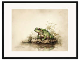 Gerahmter Kunstdruck Grüner Frosch auf Stein