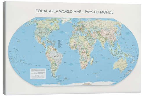 Leinwandbild Equal Area World Map, Länder der Welt (französisch)