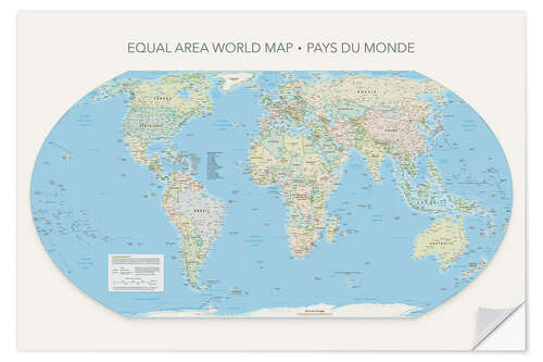 Wandsticker Equal Area World Map, Länder der Welt (französisch)