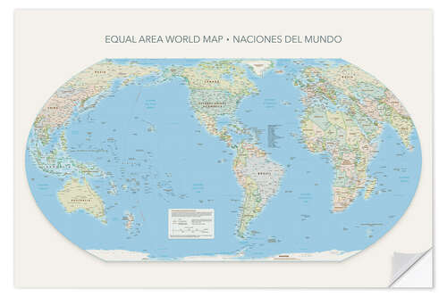 Wandsticker Equal Area World Map, Länder der Welt (spanisch), Amerika