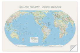 Selvklebende plakat Equal Area World Map, Countries of the World (Spanish), America