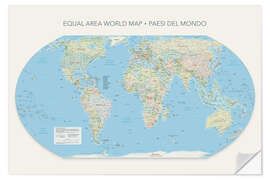 Wandsticker Equal Area World Map, Länder der Welt (italienisch)