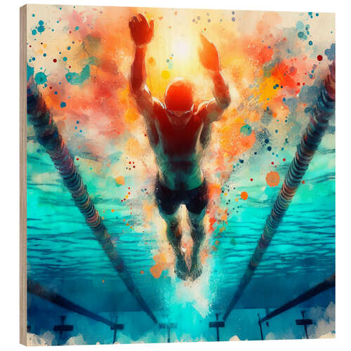 Holzbild Schwimmen in Aquarell-Wasser