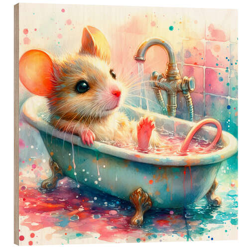 Hout print A little mouse in the bathtub II