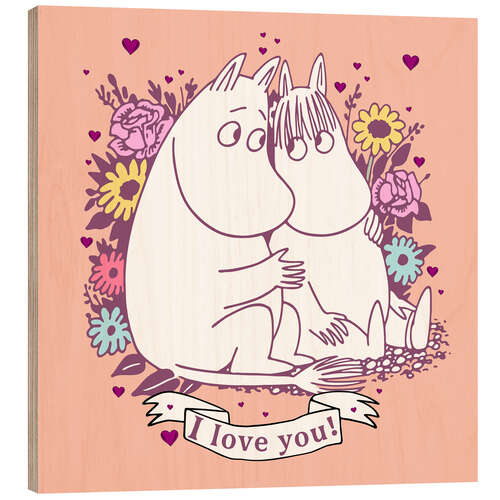 Wood print I love you! - Moomintroll and Snorkmaiden