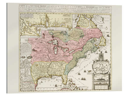 Quadro em plexi-alumínio Chart of United States showing Mississippi river and Saint Louis, c. 1720