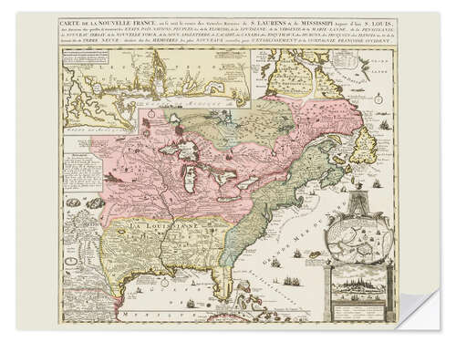 Adesivo murale Chart of United States showing Mississippi river and Saint Louis, c. 1720