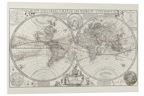 Hartschaumbild Antike Weltkarte, Herman Moll, 1709