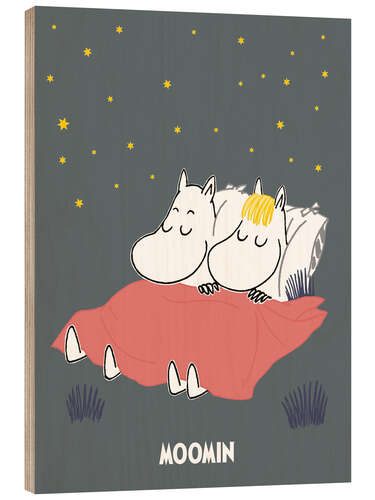 Wood print Sweet dreams with Moomintroll and Snorkmaiden