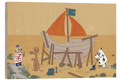 Holzbild Die Mumins bauen ein Schiff