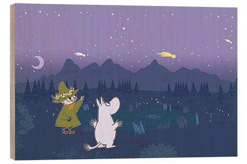 Wood print Moomintroll and Snufkin count shooting stars