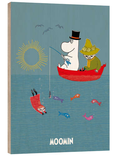 Wood print Moominpappa and Snufkin fishing