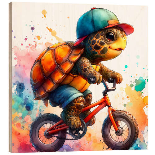 Wood print Baby Turtle cycling