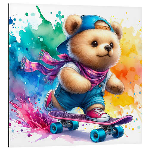 Tableau en aluminium Baby Bear skating in watercolour