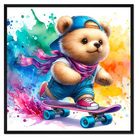 Gerahmter Kunstdruck Baby Bär beim Skaten