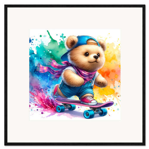 Impressão artística com moldura Baby Bear skating in watercolour