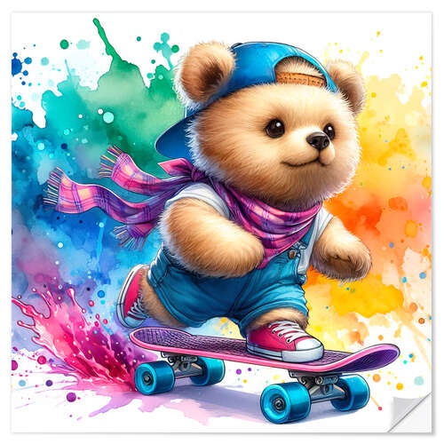 Wall sticker Baby Bear skating in watercolour