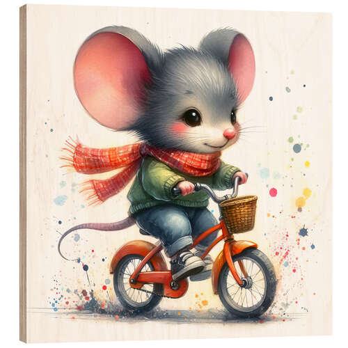 Wood print Mouse on a bicycle