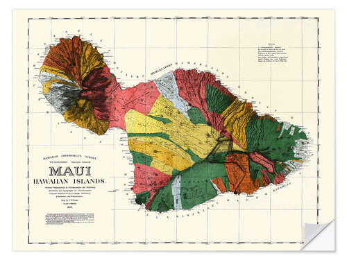 Selvklebende plakat Map of Maui, Hawaiian islands 1885