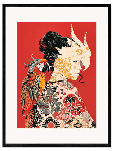 Framed art print Parrot and woman pop art