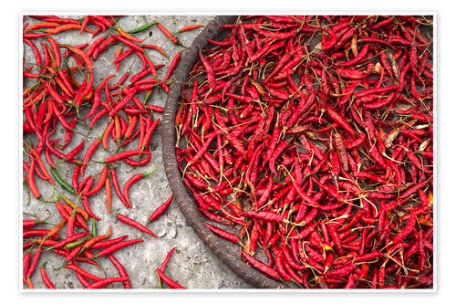 Poster Nepal, drying peppers on the sidewalk