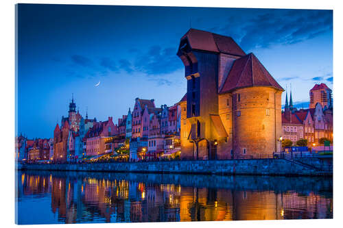 Acrylic print City buildings reflecting in river at sunset, Gdansk, Poland