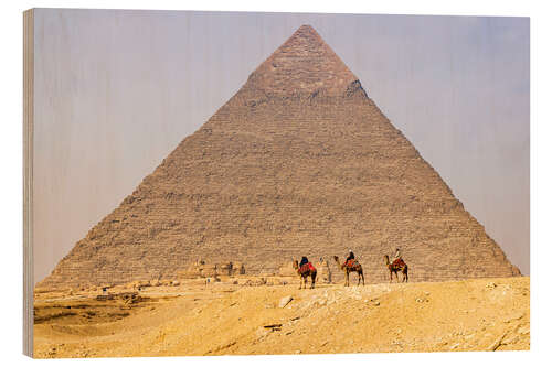 Tableau en bois Giza, Men on camels at the Great Pyramid