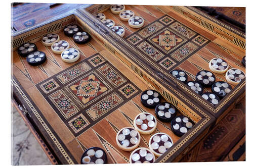 Acrylglas print Hand carved backgammon set with inlay, Fes, Morocco